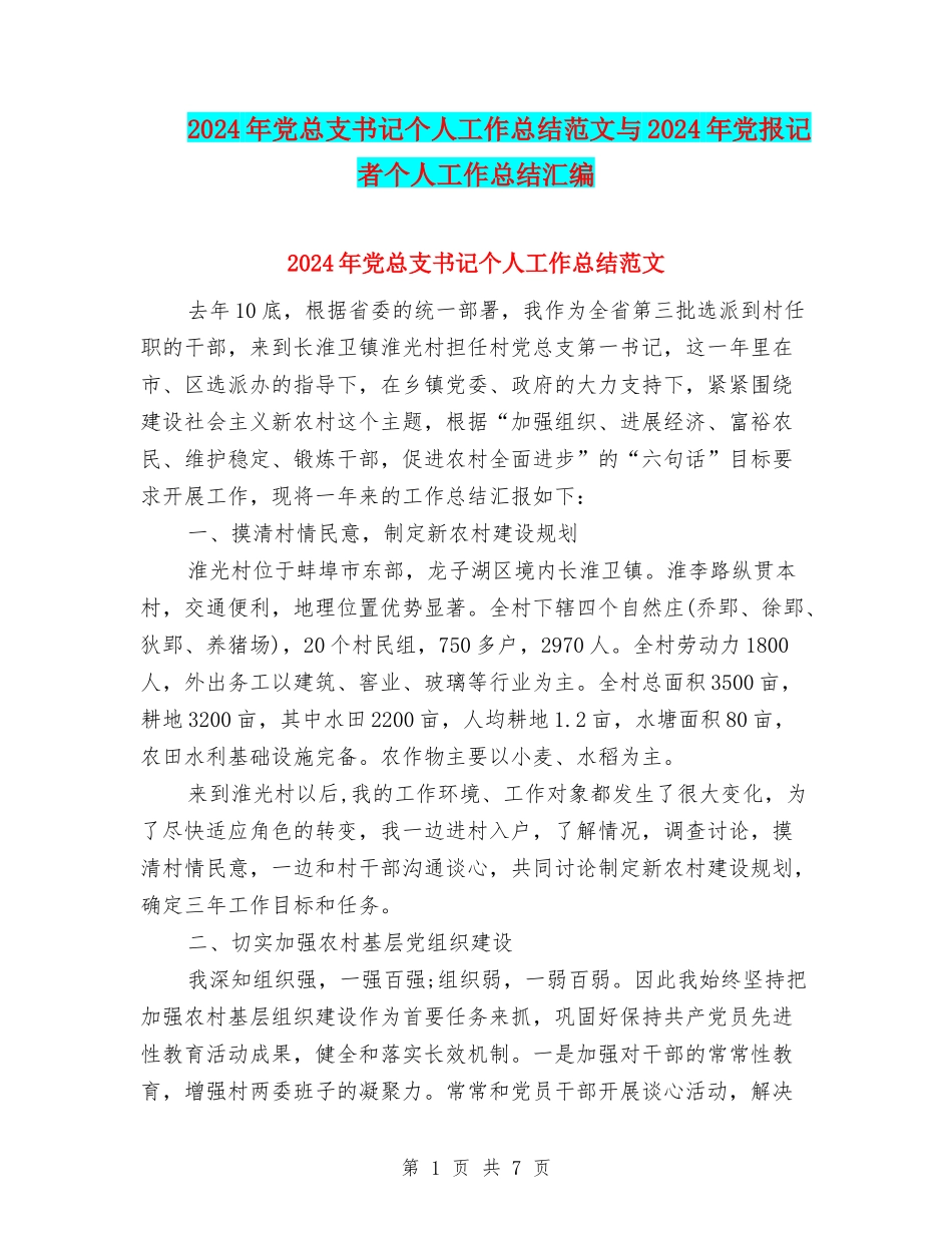 2024年党总支书记个人工作总结范文与2024年党报记者个人工作总结汇编_第1页