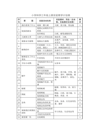 小学科学三年级上册实验教学计划表