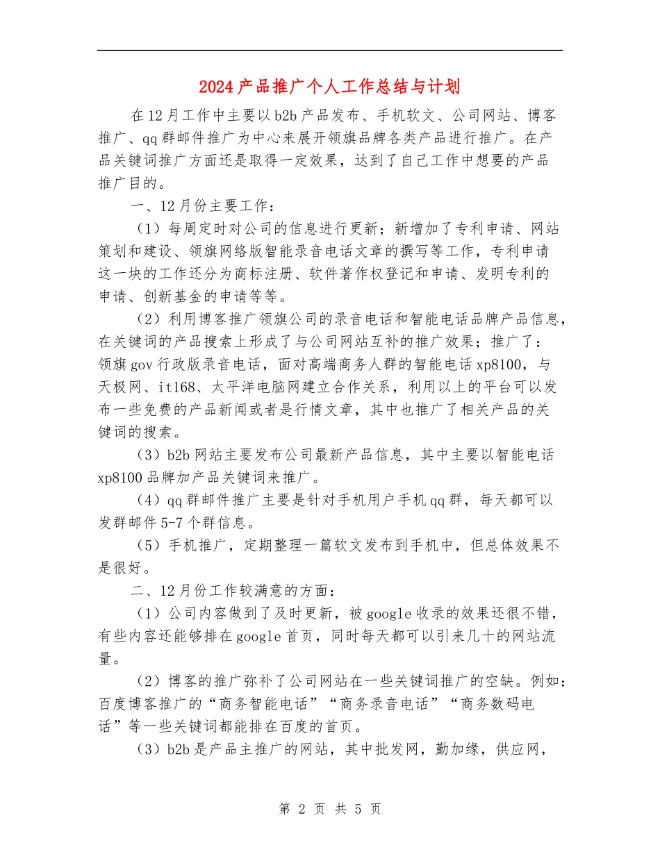 2024产品推广个人工作总结与计划_第2页