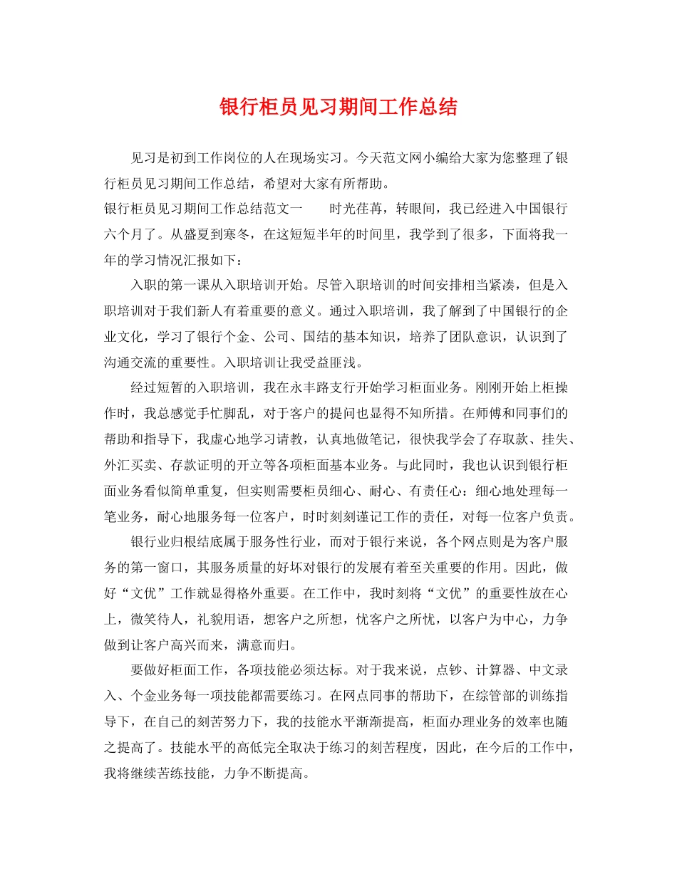 银行柜员见习期间工作总结 _第1页