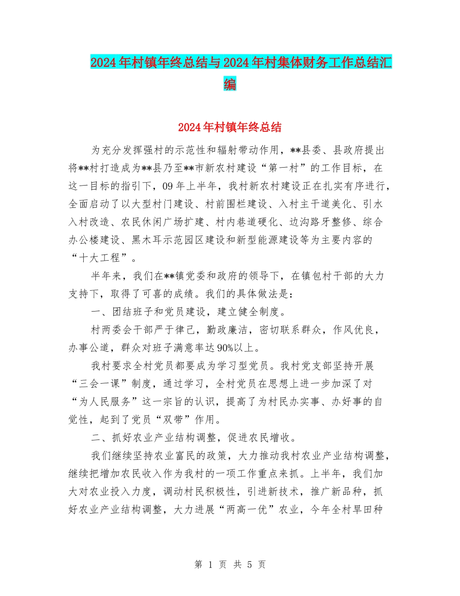 2024年村镇年终总结与2024年村集体财务工作总结汇编_第1页