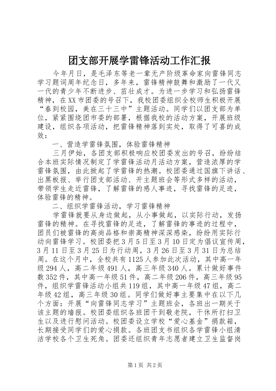 团支部开展学雷锋活动工作汇报_第1页