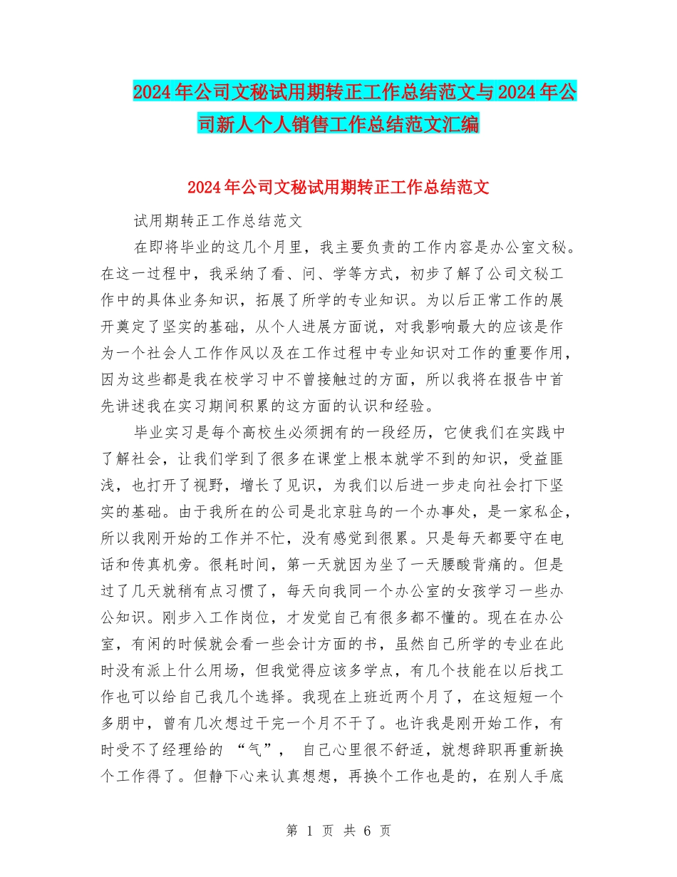 2024年公司文秘试用期转正工作总结范文与2024年公司新人个人销售工作总结范文汇编_第1页