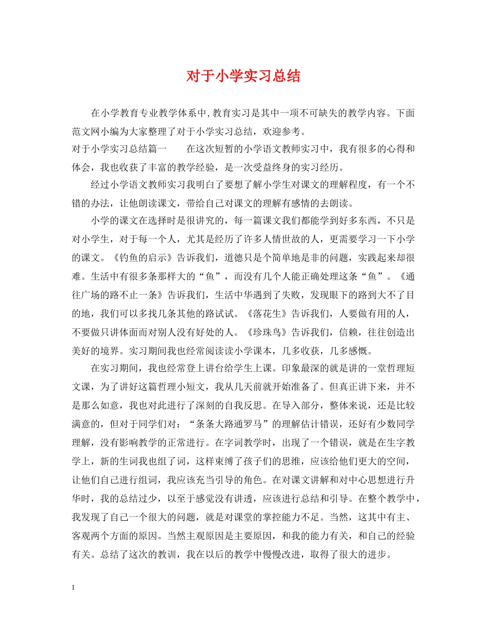 对于小学实习总结 _第1页