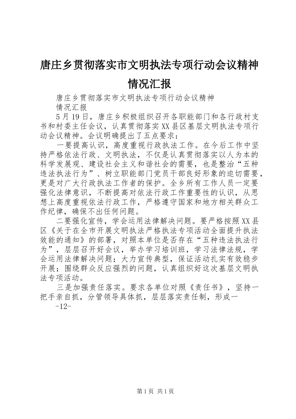 唐庄乡贯彻落实市文明执法专项行动会议精神情况汇报_第1页