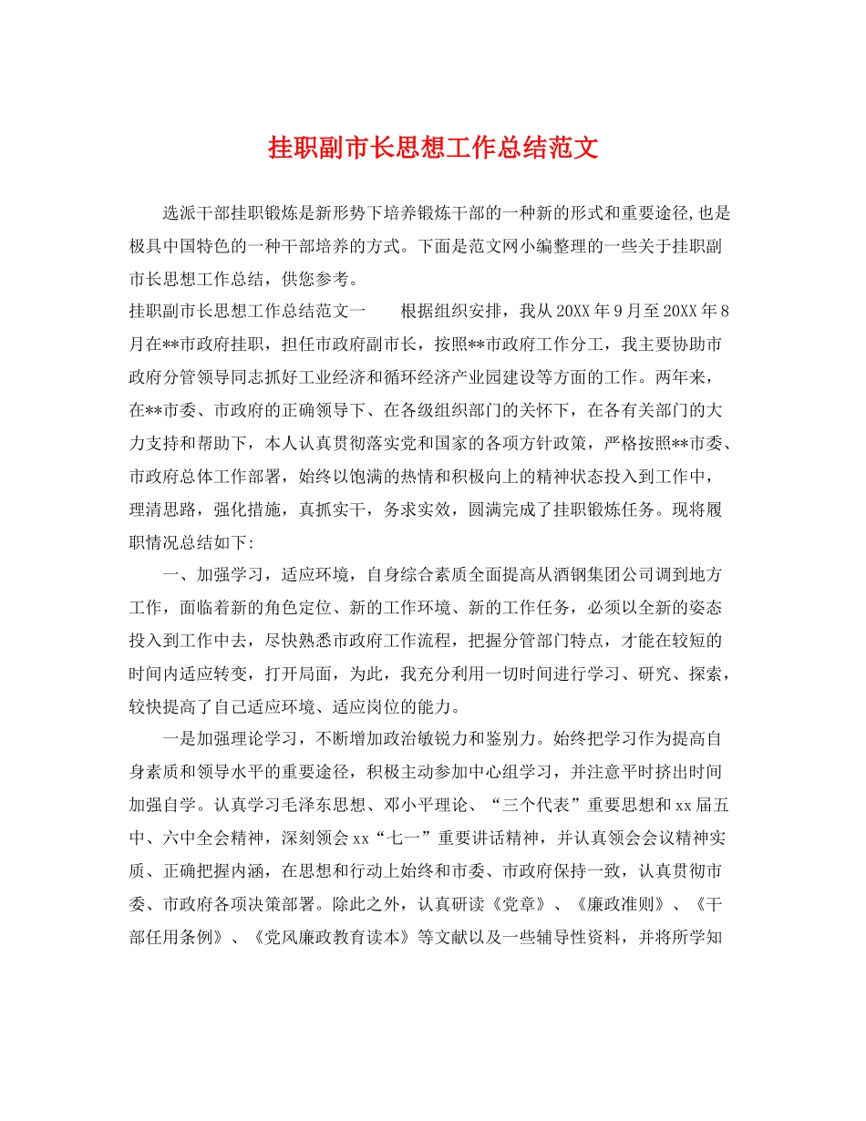 挂职副市长思想工作总结范文 _第1页