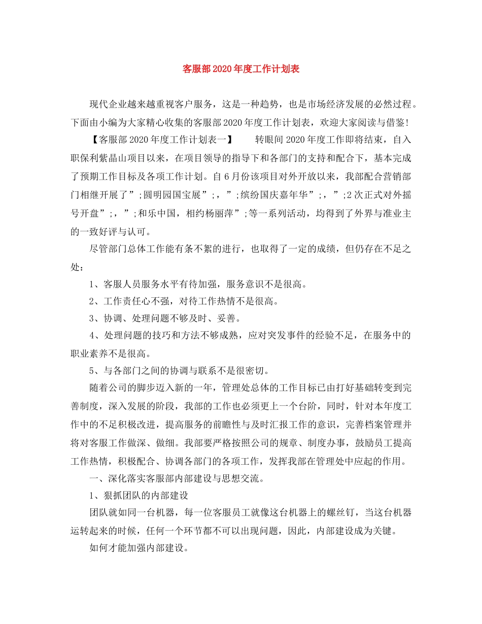 客服部2020年度工作计划表 _第1页
