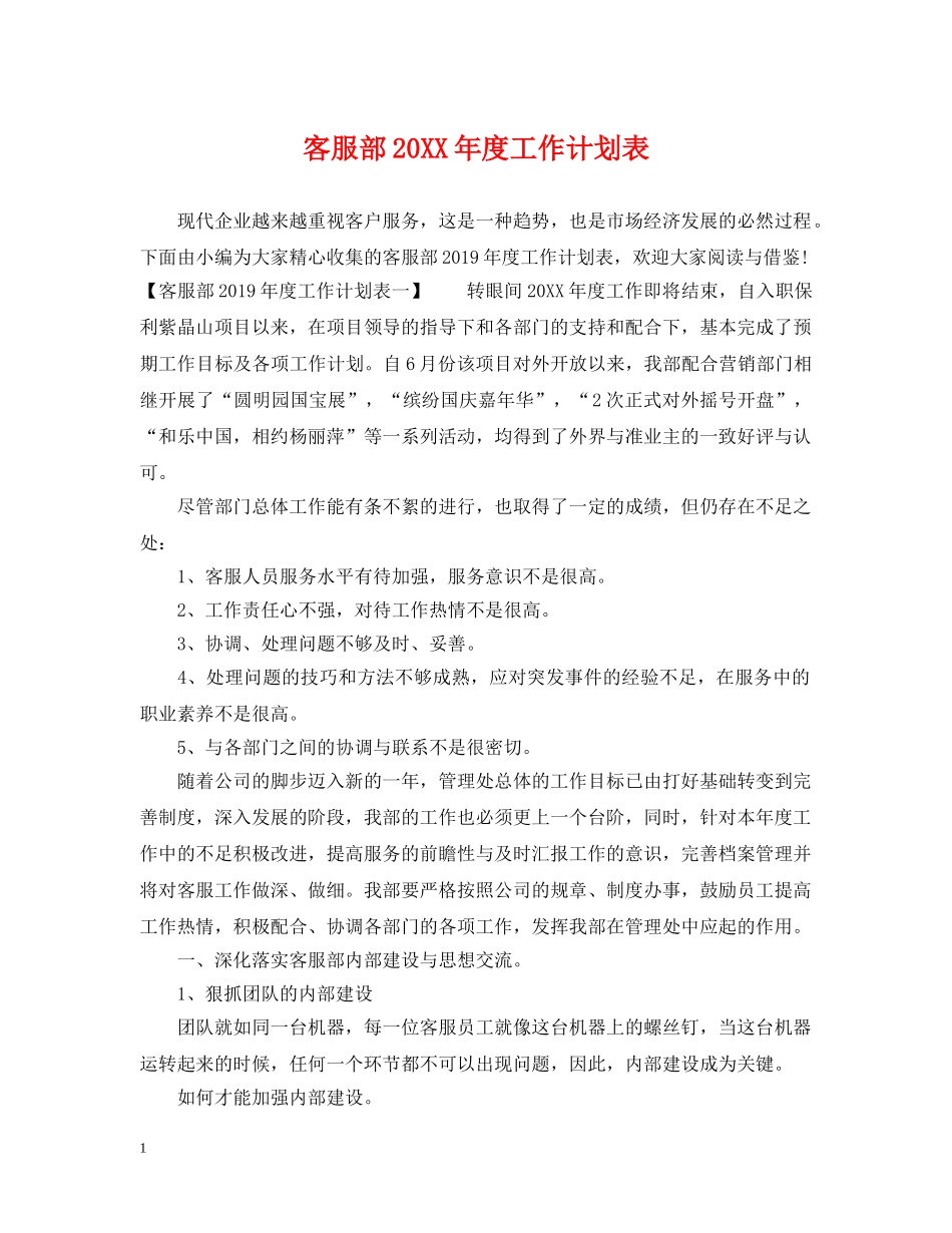客服部20XX年度工作计划表 _第1页