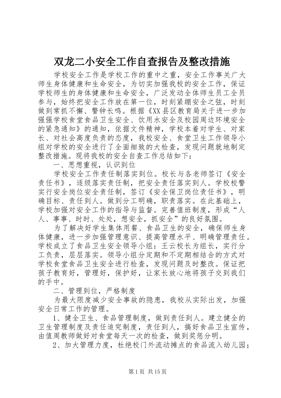 双龙二小安全工作自查报告及整改措施_第1页