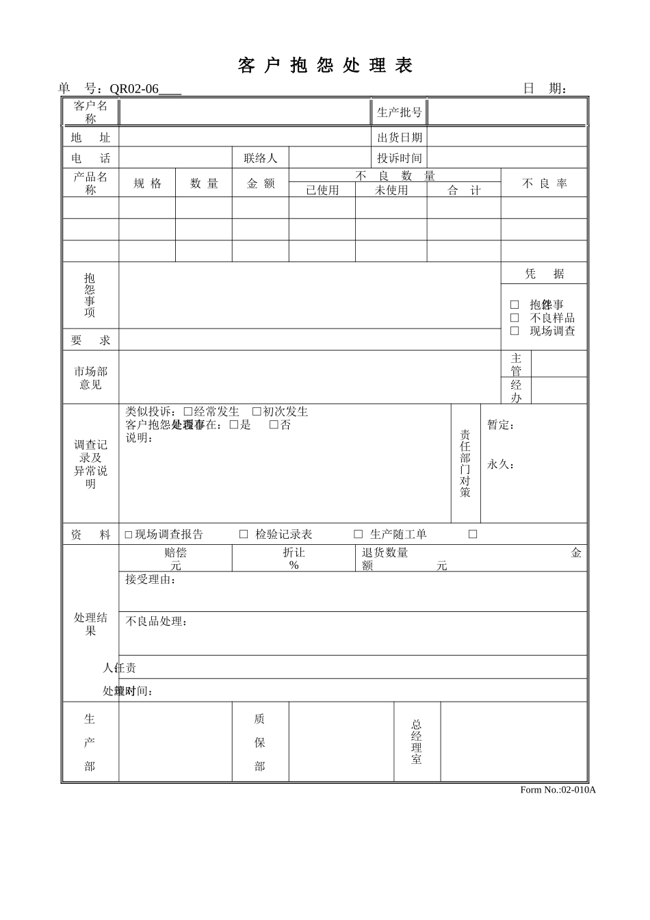 客户抱怨处理表QR02-06001_第1页
