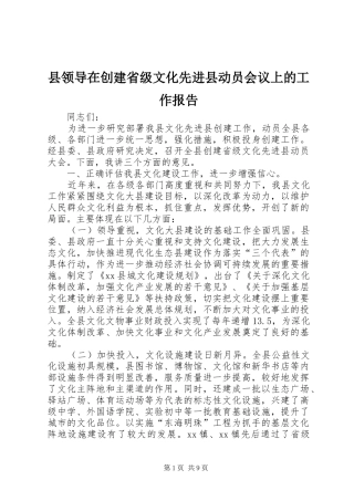 县领导在创建省级文化先进县动员会议上的工作报告