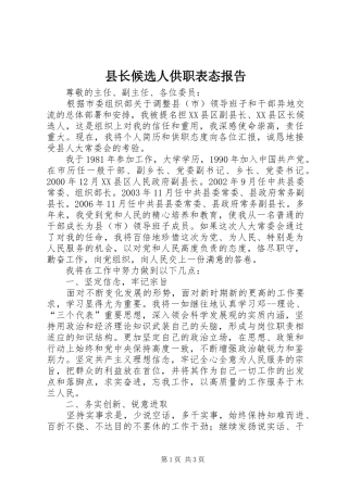 县长候选人供职表态报告