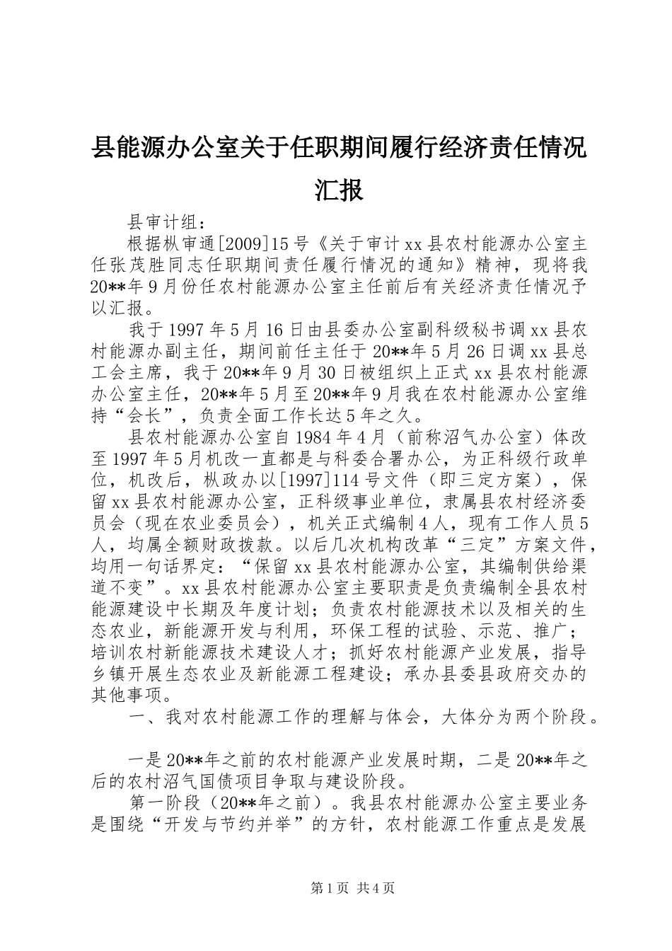 县能源办公室关于任职期间履行经济责任情况汇报_第1页