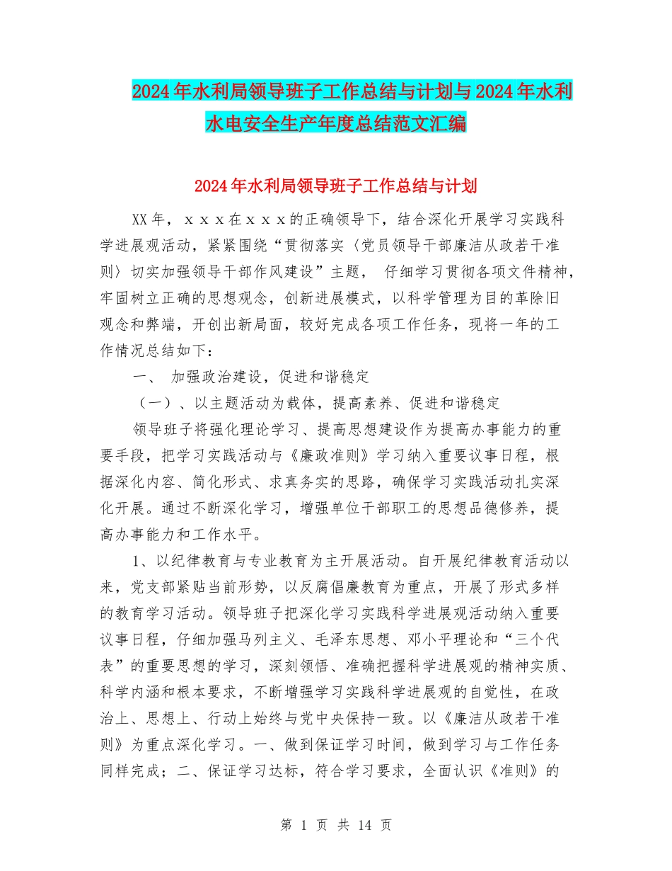 2024年水利局领导班子工作总结与计划与2024年水利水电安全生产年度总结范文汇编_第1页