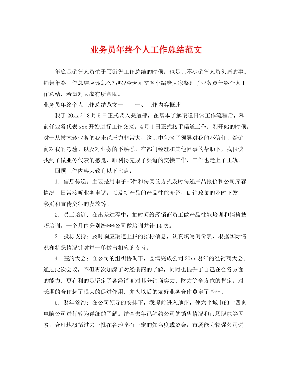 业务员年终个人工作总结范文 _第1页