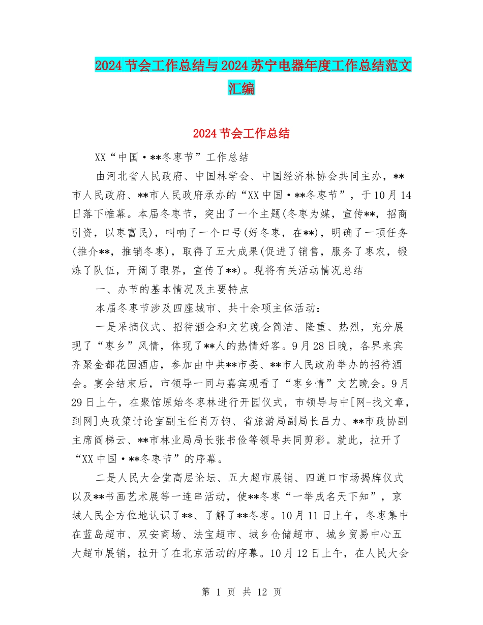 2024节会工作总结与2024苏宁电器年度工作总结范文汇编_第1页