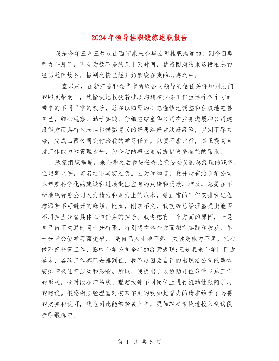 2024年领导挂职锻炼述职报告_第1页