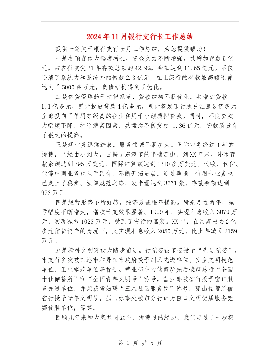2024年11月银行支行长工作总结_第2页