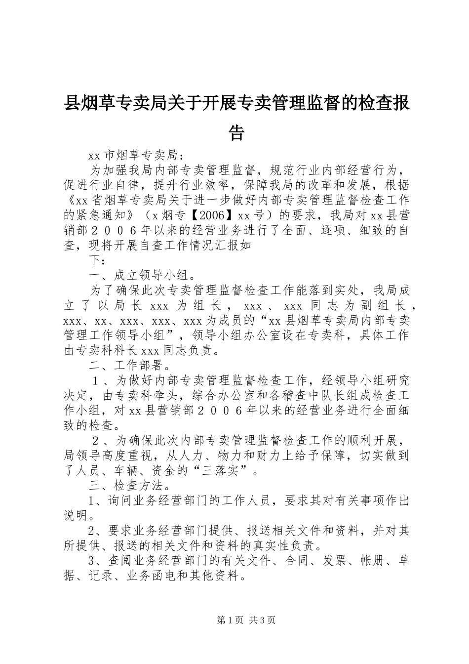 县烟草专卖局关于开展专卖管理监督的检查报告_第1页
