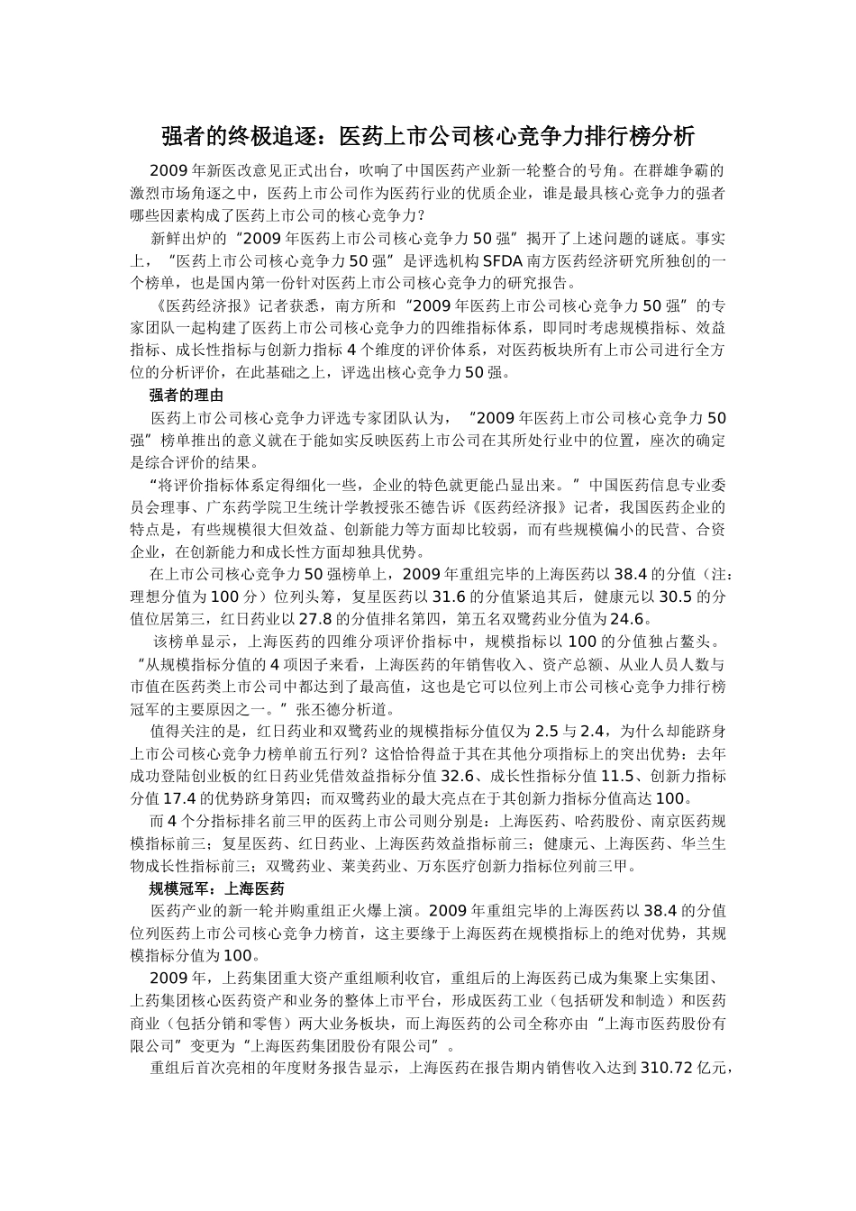 医药上市公司核心竞争力排行榜分析_第1页
