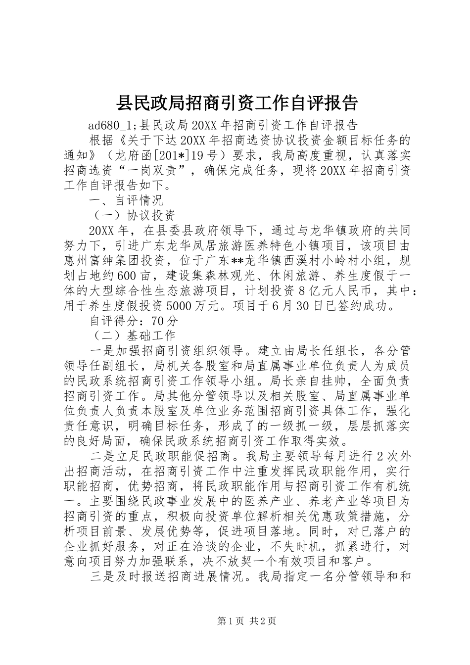 县民政局招商引资工作自评报告_第1页