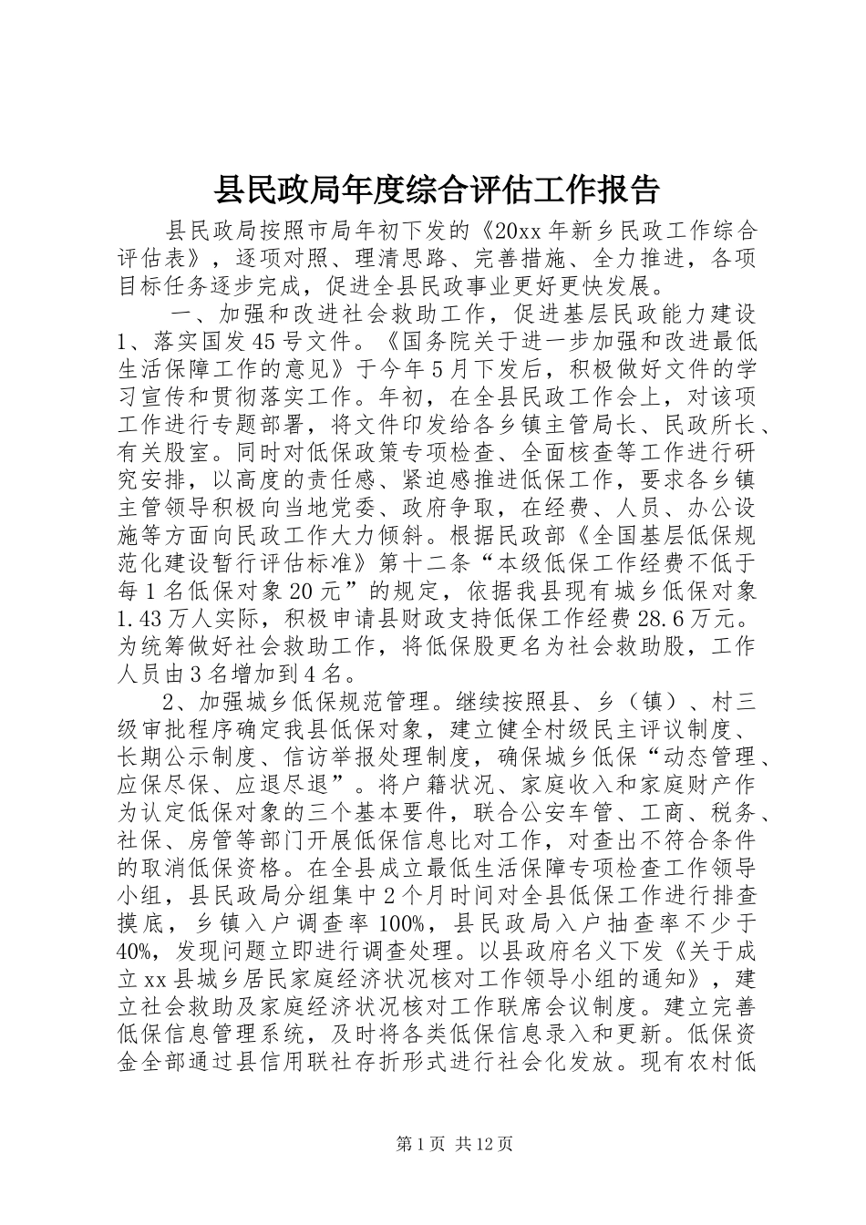 县民政局年度综合评估工作报告_第1页