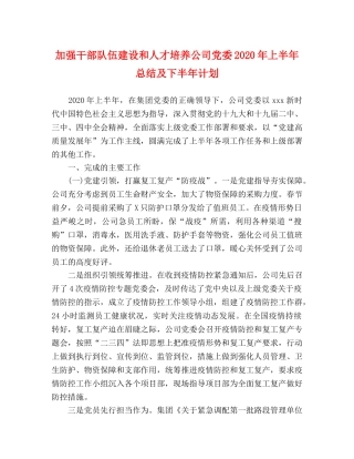 加强干部队伍建设和人才培养公司党委2020年上半年总结及下半年计划 