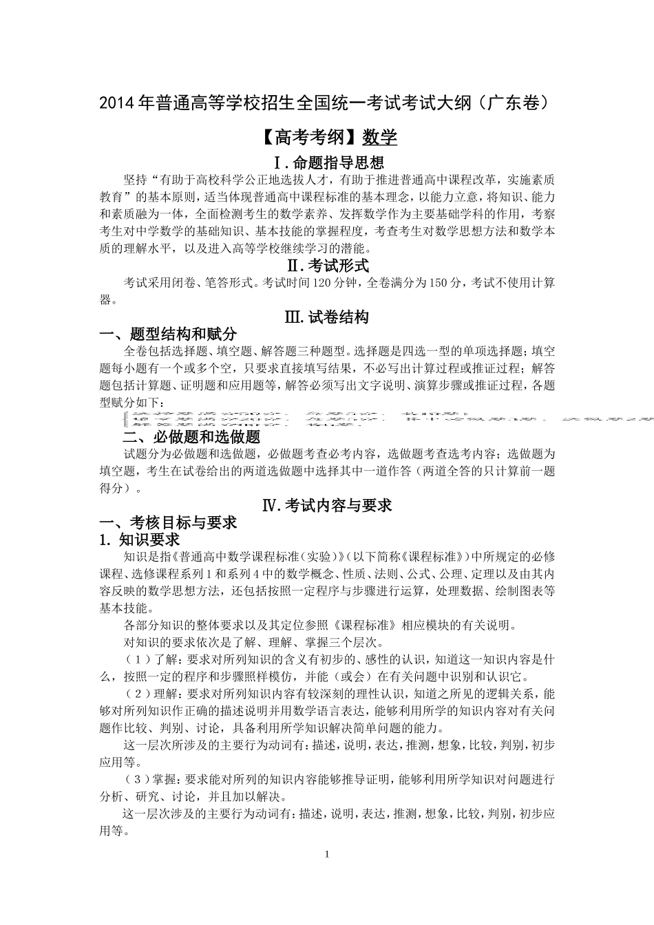 2014年广东高考文科数学考试大纲说明_第1页