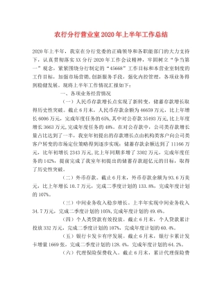 农行分行营业室2020年上半年工作总结 