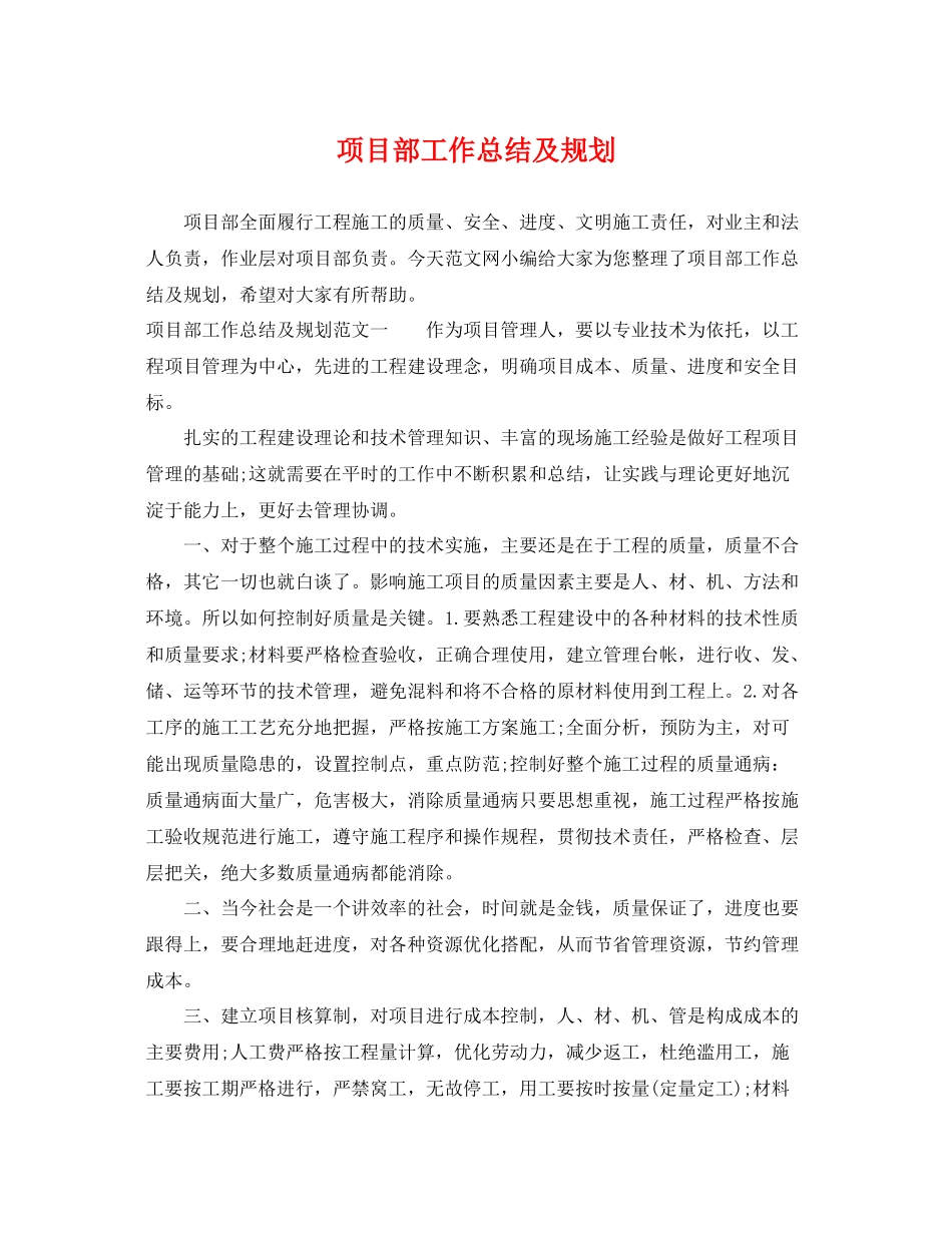 项目部工作总结及规划 _第1页