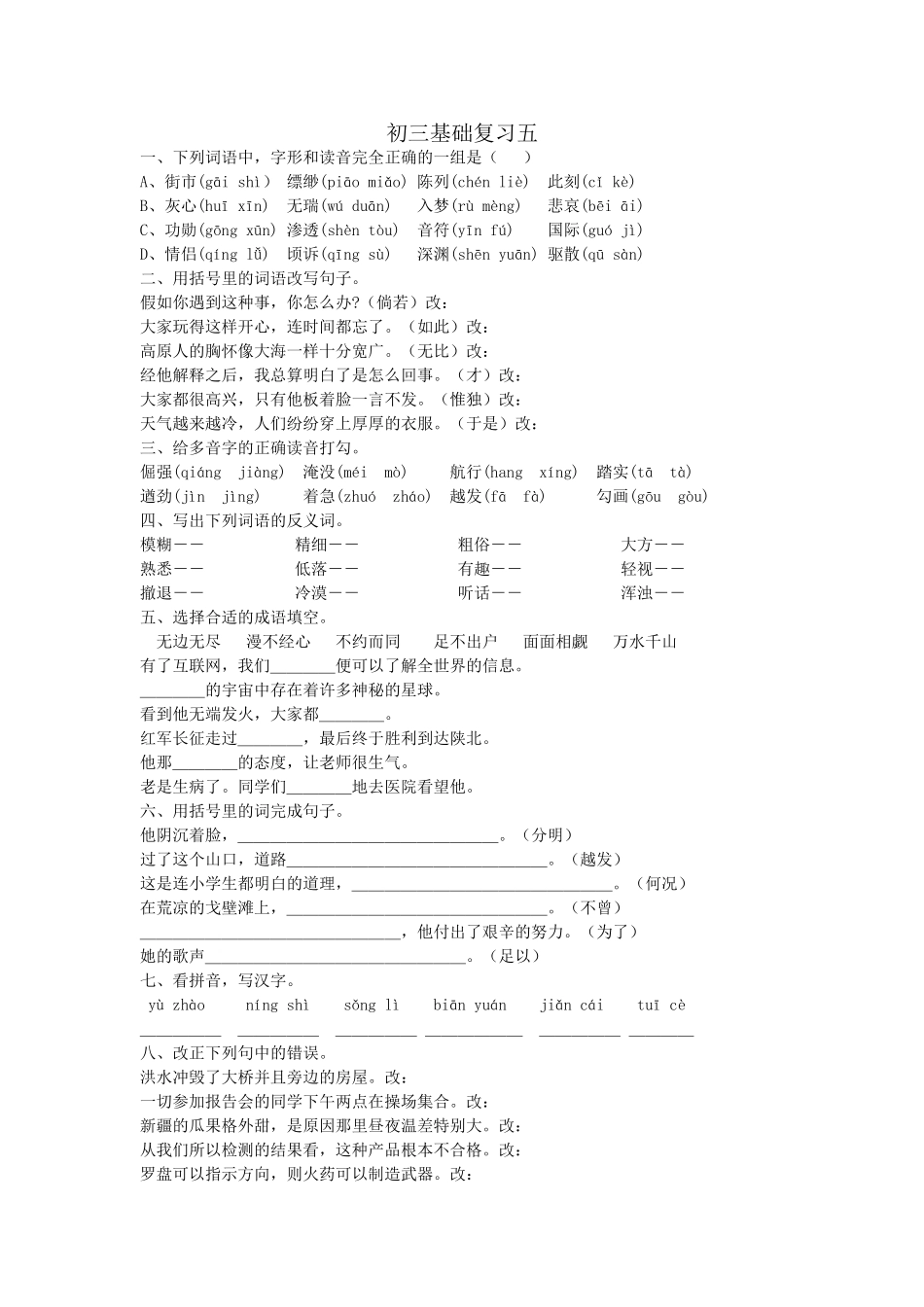 区编汉语文初三基础复习题五_第1页