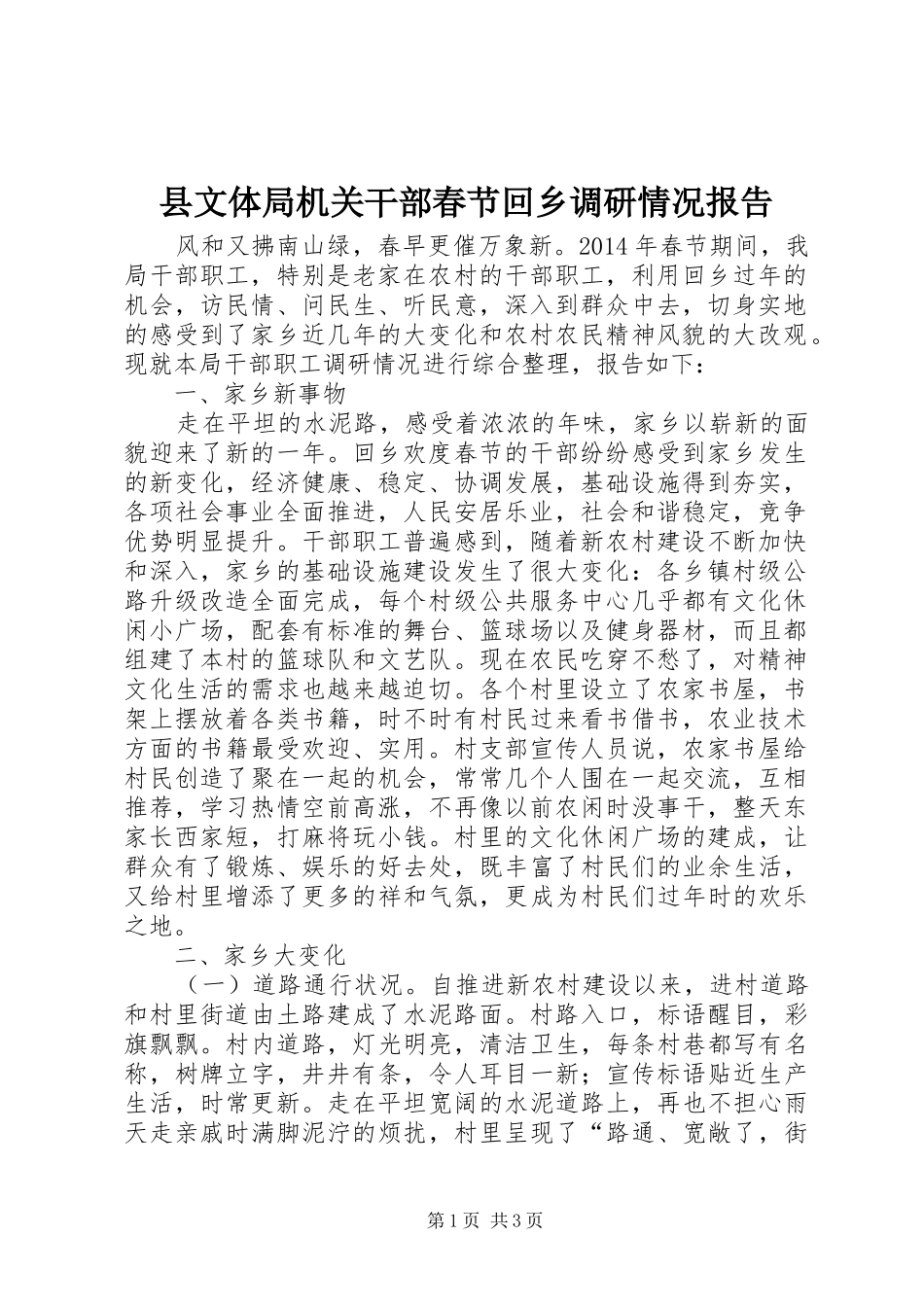 县文体局机关干部春节回乡调研情况报告_第1页