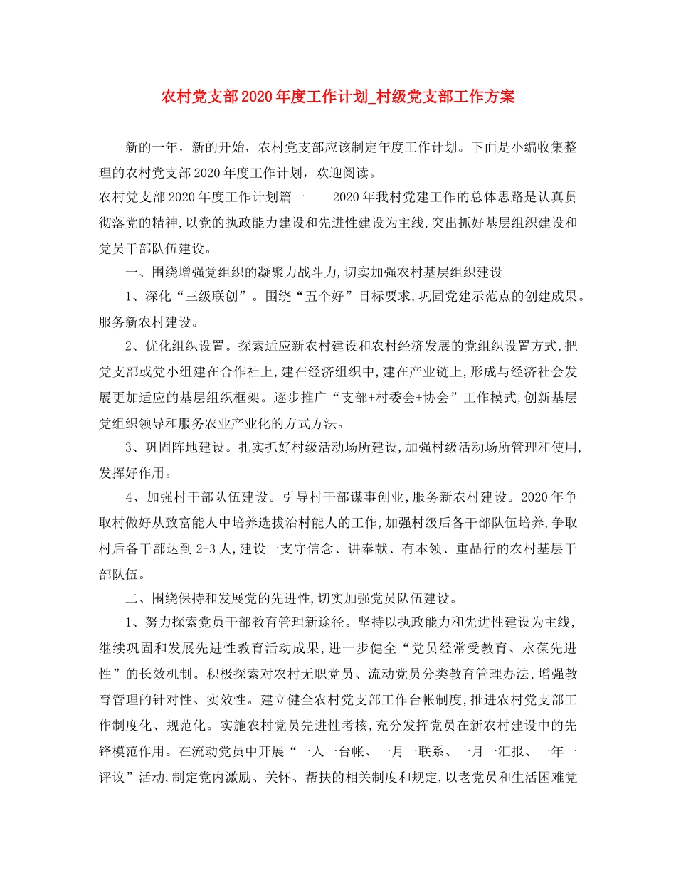 农村党支部2020年度工作计划_村级党支部工作方案 _第1页