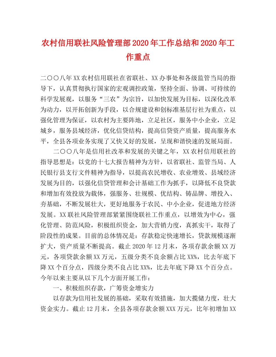 农村信用联社风险管理部2020年工作总结和2020年工作重点 _第1页