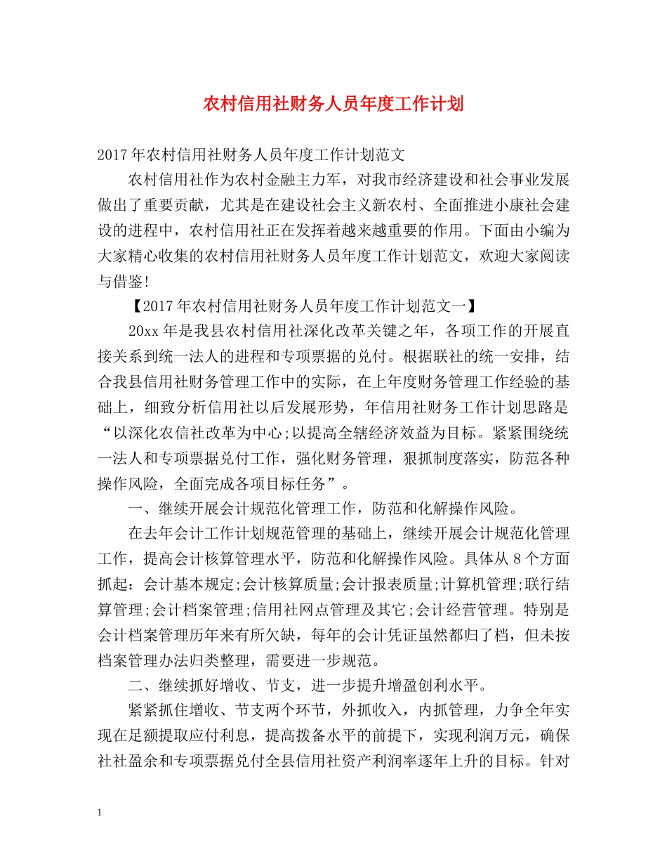 农村信用社财务人员年度工作计划 _第1页