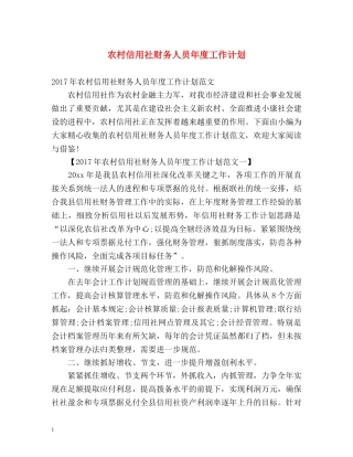 农村信用社财务人员年度工作计划 
