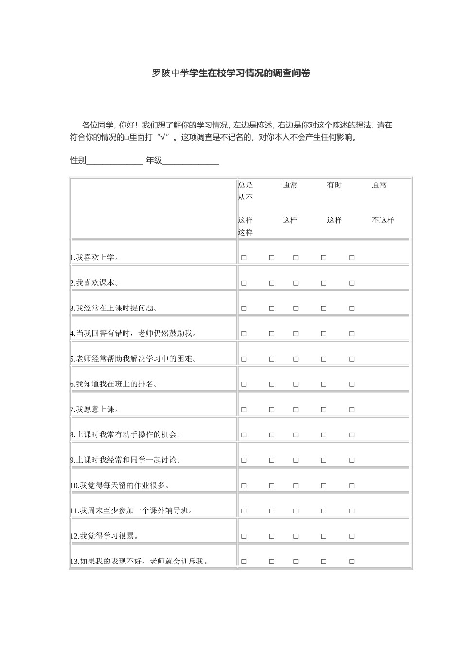 罗陂中学学生在校学习情况的调查问卷_第1页