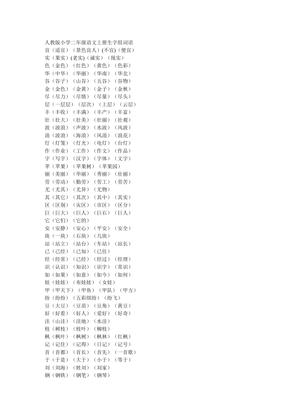 人教版小学二年级语文上册生字组词语_第1页