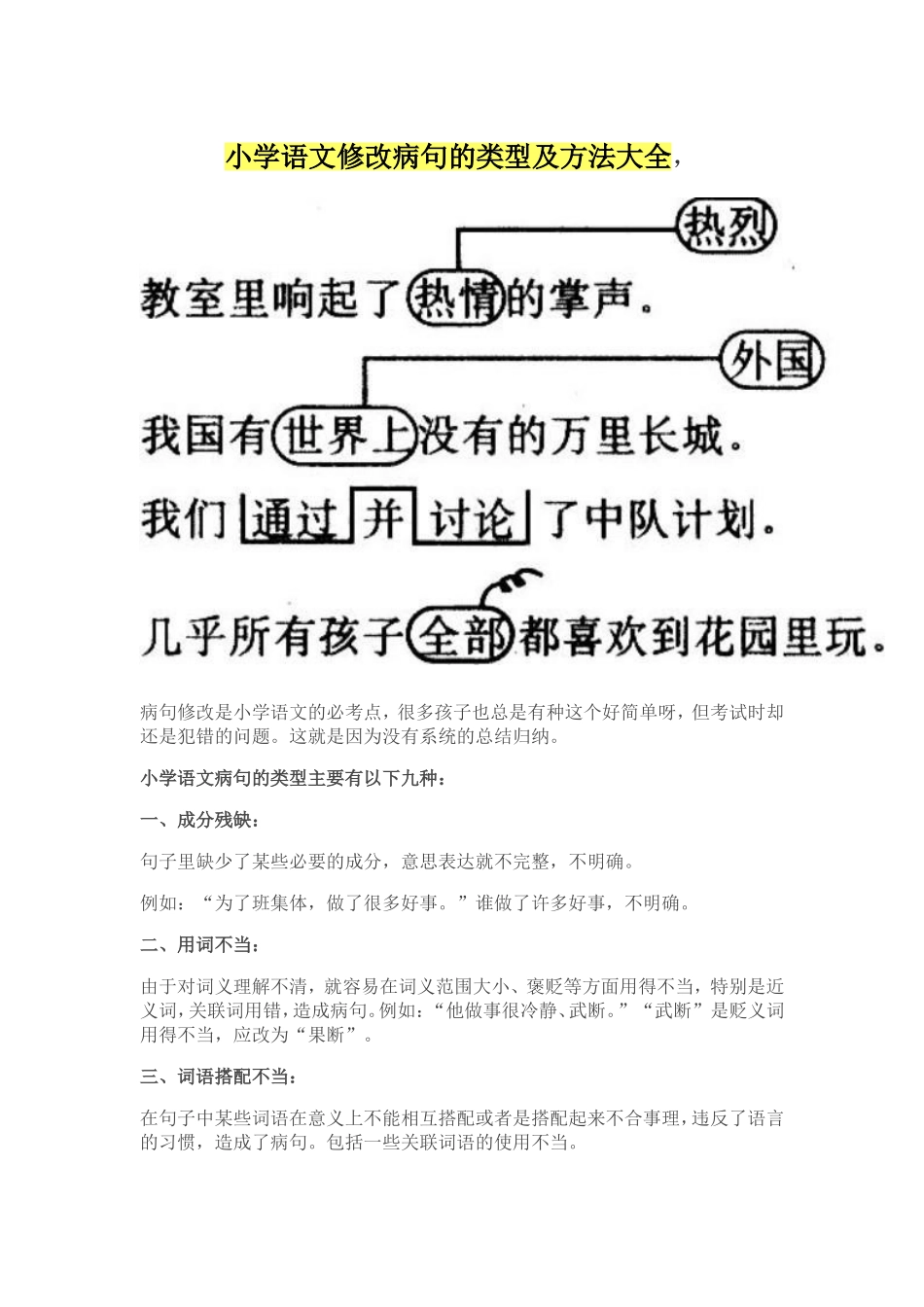 小学语文修改病句的类型及方法大全_第1页