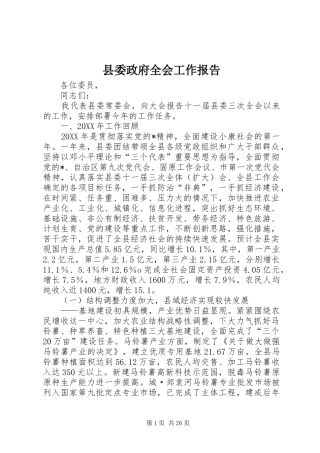 县委政府全会工作报告