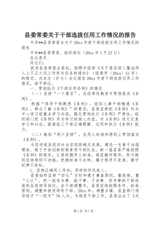 县委常委关于干部选拔任用工作情况的报告