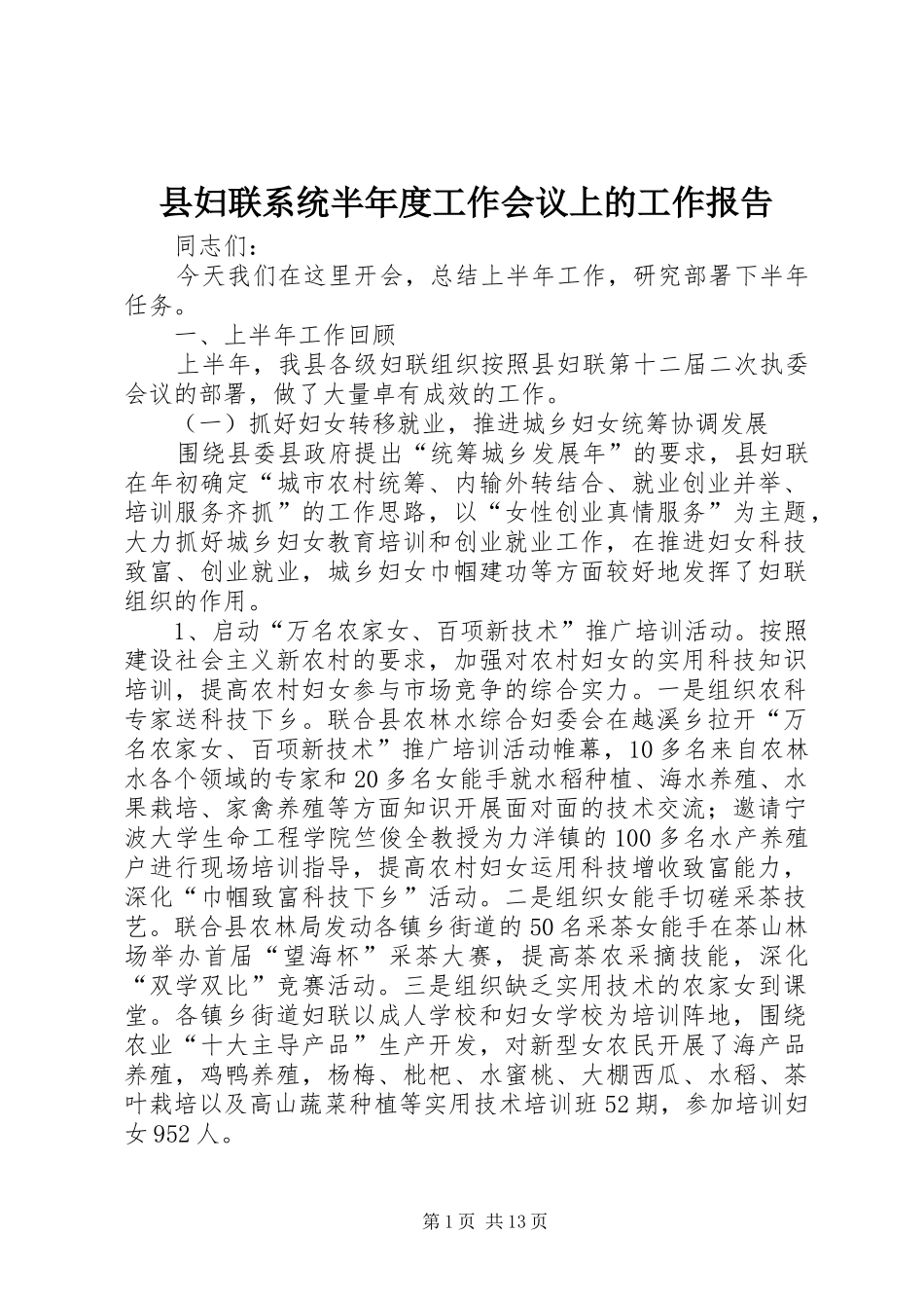 县妇联系统半年度工作会议上的工作报告_第1页