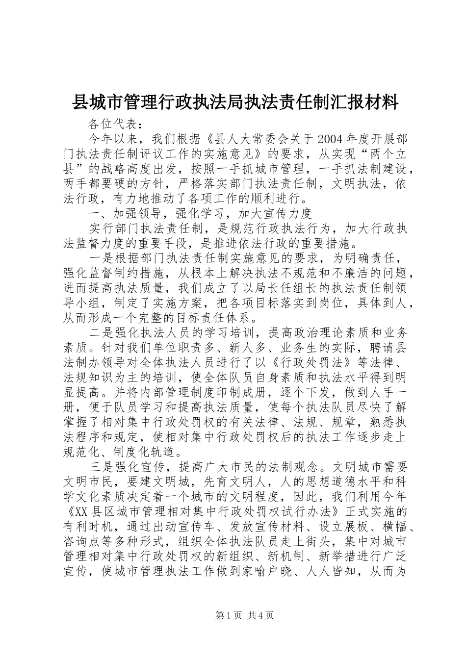 县城市管理行政执法局执法责任制汇报材料_第1页