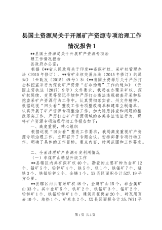 县国土资源局关于开展矿产资源专项治理工作情况报告1