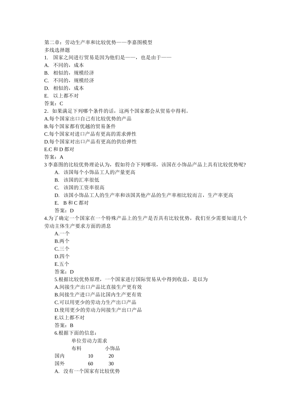 保罗克鲁格曼版 国际经济学の国际贸易部分同步单项选择题第2章_第1页