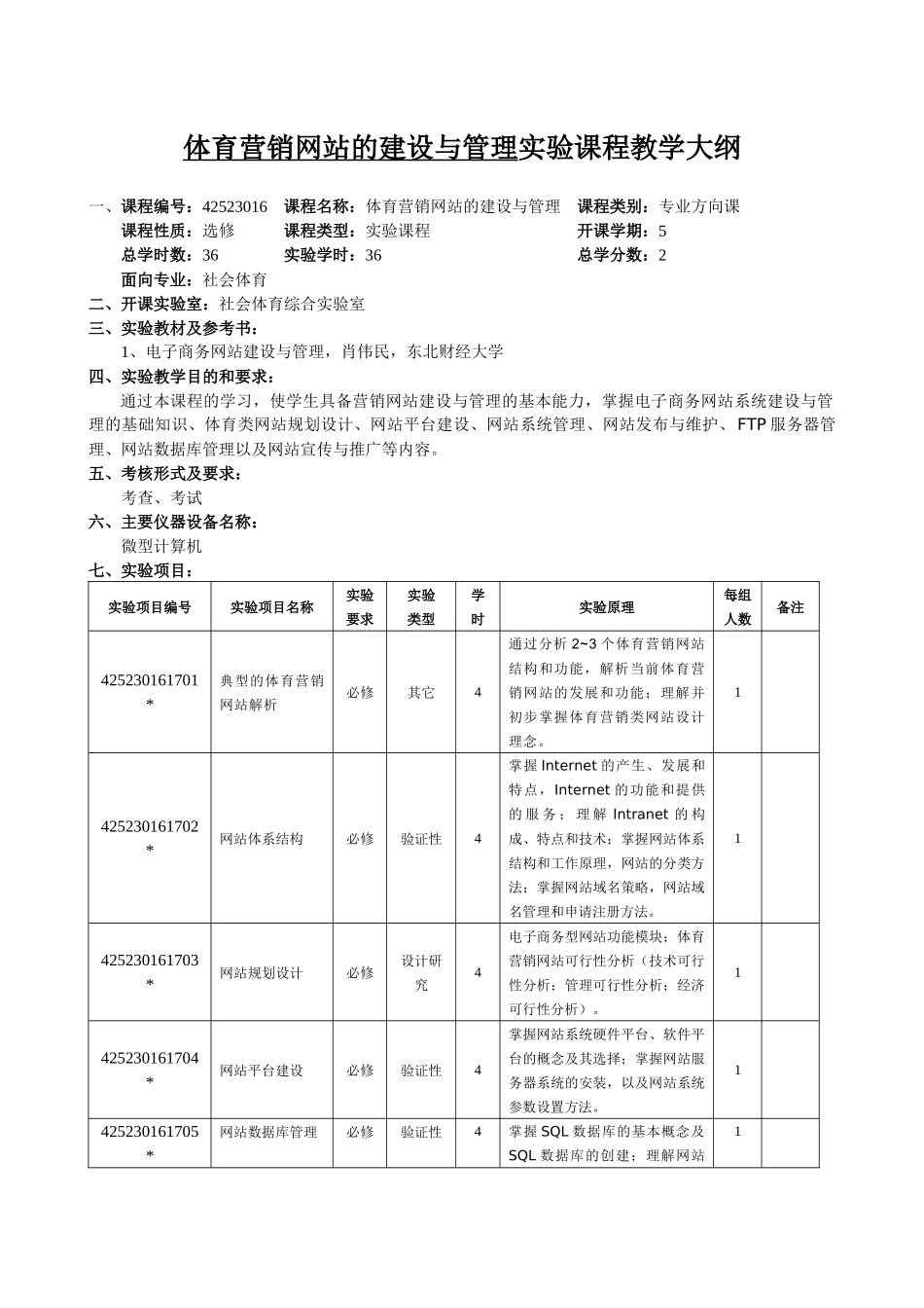 体育营销网站的建设与管理实验课程教学大纲_第1页