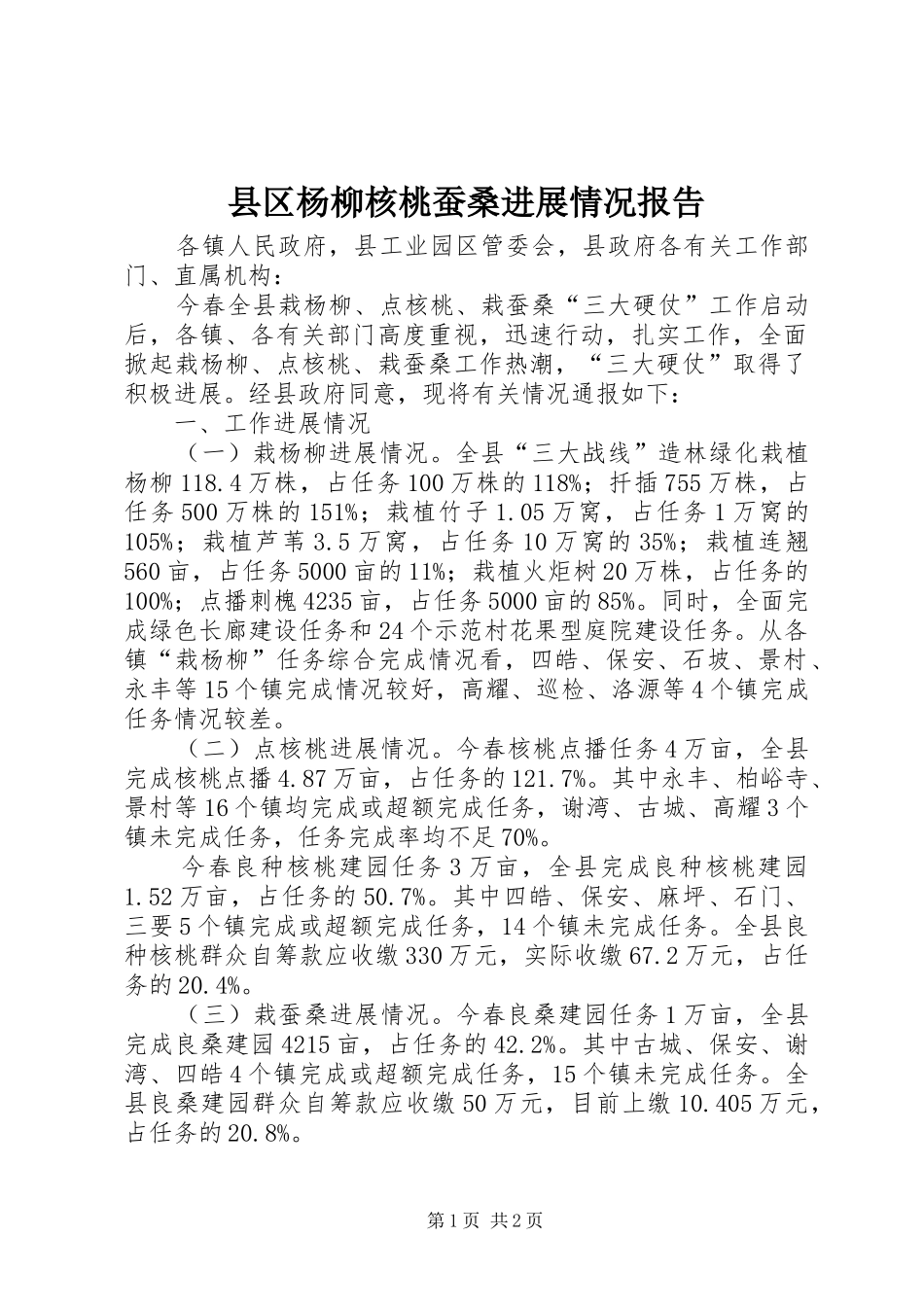 县区杨柳核桃蚕桑进展情况报告_第1页