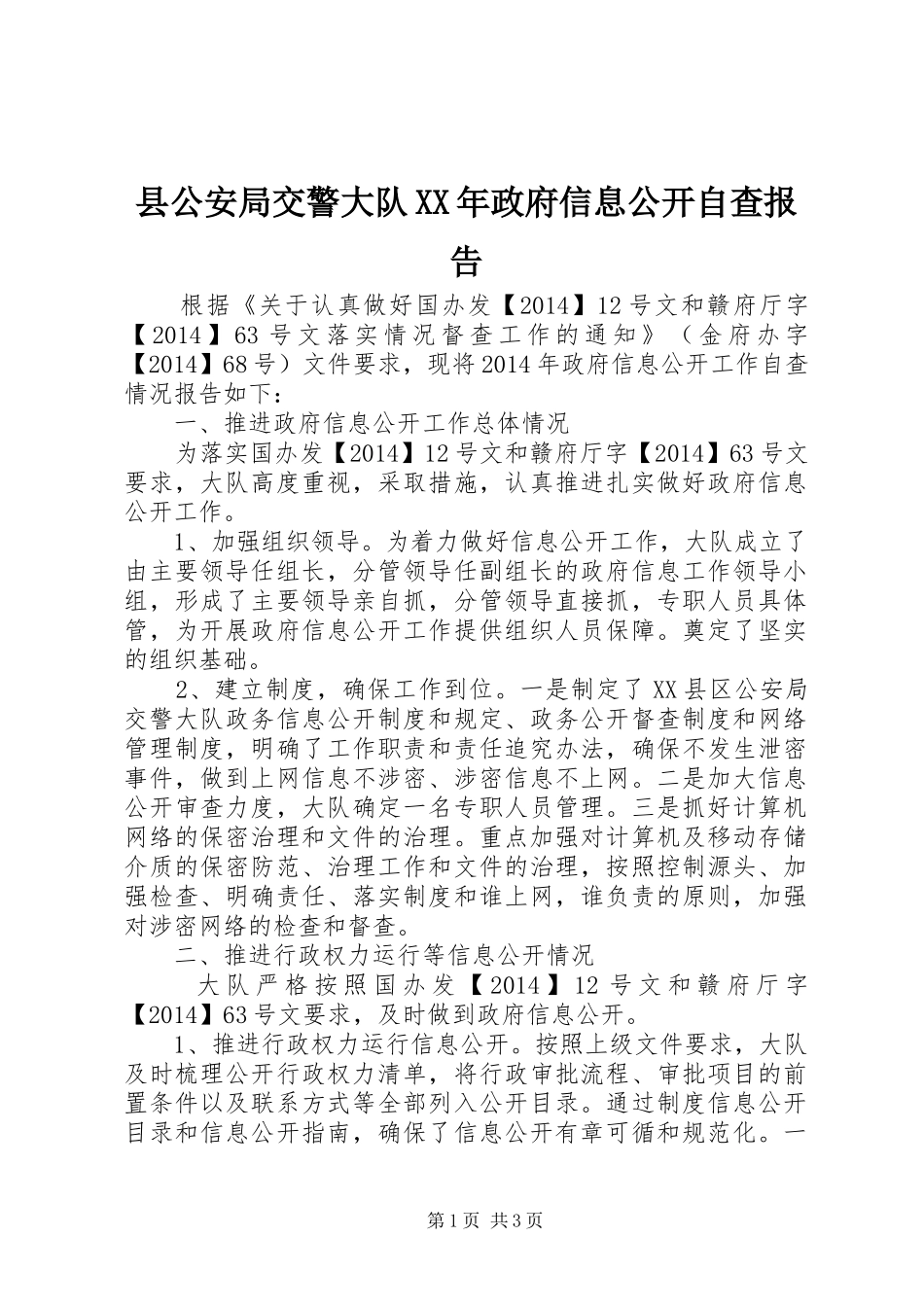 县公安局交警大队XX年政府信息公开自查报告_第1页