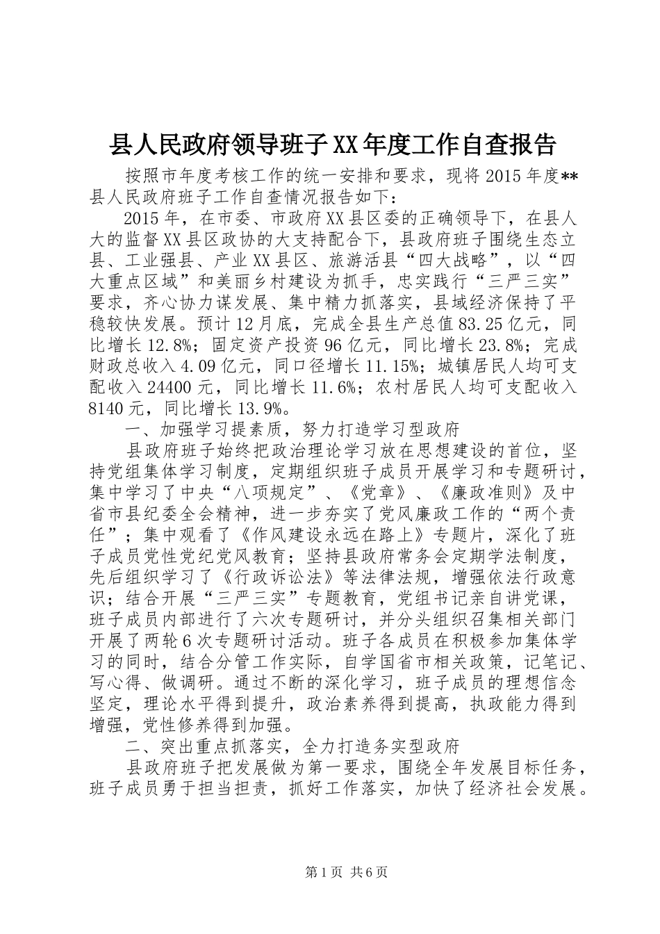 县人民政府领导班子XX年度工作自查报告_第1页