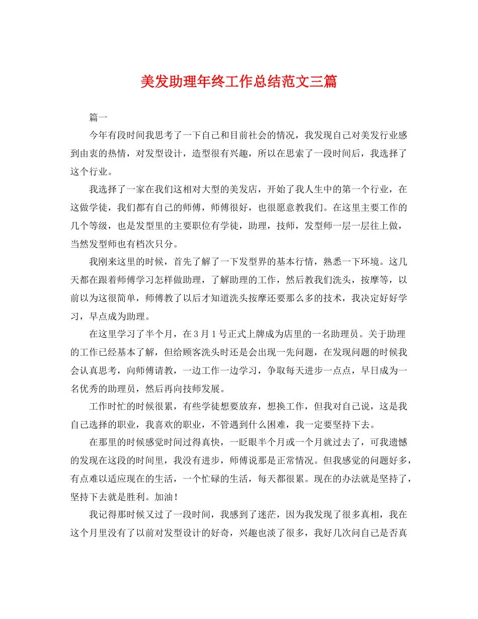 美发助理年终工作总结范文三篇 _第1页